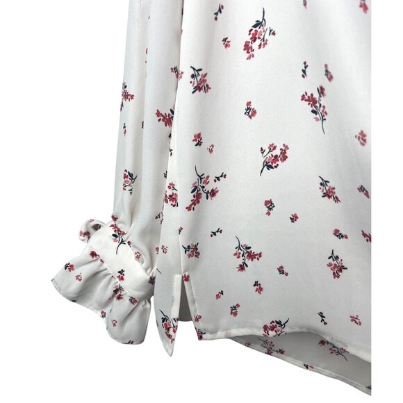 CeCe Breezy Sprigs Ecru Floral Print Long Sleeve V-Neck Tie-Cuff Blouse Large - Picture 9 of 15
